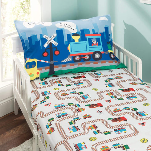 EVERYDAY KIDS Toddler Fitted Sheet and Pillowcase Set -Choo Choo Train- Soft Breathable Microfiber Toddler Sheet Set